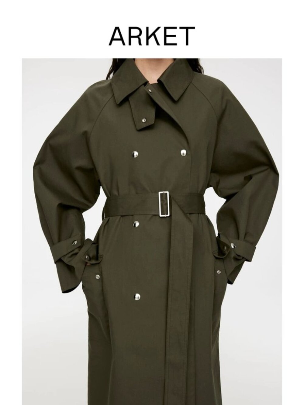 NWT ARKET Cotton Trench Coat Belted Long Double-Breasted Jacket Minimalist Olive